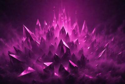 The primary subject of the image is a purple mountain with a purple sky in the background. The mountain is covered in purple crystals, giving it a unique and visually striking appearance. The visual style of the image is a combination of photo and digital art, creating a surreal and otherworldly atmosphere. The dominant colors in the image are purple and pink, which contribute to the overall mood of the scene.