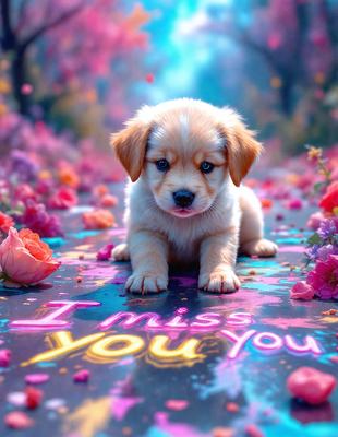 The primary subject of the image is a small, cute puppy dog. The dog is sitting on a colorful, flower-covered surface, which appears to be a painting or a digital artwork. The setting is a vibrant and lively environment, with the dog being the main focus of the scene. The visual style of the image is a mix of photo and digital art, creating a unique and eye-catching composition. The colors and mood of the image are bright, cheerful, and playful, with