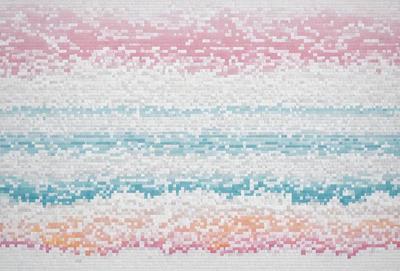The primary subject of the image is a large, colorful mosaic made of white and blue tiles. The setting is a wall, and the visual style is a combination of digital art and illustration. The mosaic features a wave pattern, giving it a dynamic and vibrant appearance. The dominant colors are white and blue, creating a sense of calmness and tranquility.