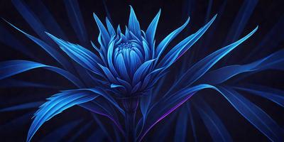 The primary subject of the image is a blue flower with a purple center, which is the main focus of the image. The setting is a dark background, which contrasts with the vibrant colors of the flower. The visual style is a digital art or illustration, as the flower appears to be a digital painting or drawing. The dominant colors are blue and purple, creating a serene and calming atmosphere.