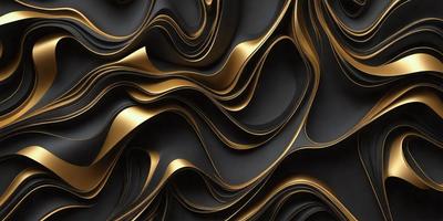 The primary subject of the image is a gold and black patterned wallpaper. The setting is a black and gold wallpapered room. The visual style is a digital art or illustration, creating a unique and intricate design. The dominant colors are gold and black, giving the room a luxurious and elegant atmosphere.