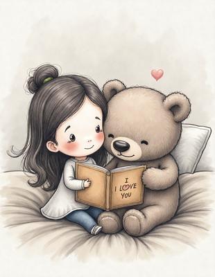 The primary subject of the image is a little girl sitting on a bed, reading a book. The setting is a cozy bedroom, and the visual style is a hand-drawn illustration. The colors are warm and inviting, creating a comforting atmosphere.