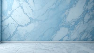 The primary subject of the image is a marble wall with a blue and white marble pattern. The setting is a room with a white floor, and the visual style is a photo. The dominant colors are blue and white, creating a clean and elegant atmosphere.