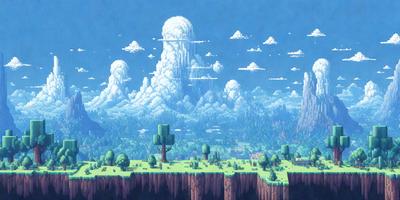 The primary subject of the image is a large, cloudy mountain with a tree on top. The setting is a lush, green landscape with a sky full of clouds. The visual style is a digital art or illustration, creating a vibrant and colorful atmosphere. The dominant colors are green, blue, and white, with the mountain and clouds being the main focus of the scene.