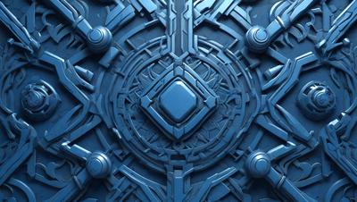 The primary subject of the image is a blue and silver metal door with a complex design. The setting is a futuristic environment, possibly a space station or a high-tech facility. The visual style is a combination of digital art and illustration, creating a unique and intricate pattern. The dominant colors are blue and silver, giving the door a sleek and modern appearance. The overall atmosphere is one of sophistication and advanced technology.