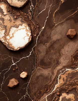 The primary subject of the image is a close-up of a marble countertop with a few rocks on it. The setting is a kitchen counter, and the visual style is a photo. The countertop has a brown and white color scheme, giving it a natural and earthy appearance. The overall atmosphere of the image is calm and inviting, showcasing the beauty of the marble countertop and the rocks on it.
