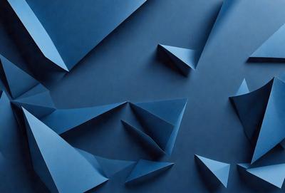 The primary subject of the image is a blue wall with a pattern of triangles cut out of it. The setting is a room with a blue background, and the visual style is a combination of digital art and illustration. The dominant colors are blue and white, creating a calm and soothing atmosphere.