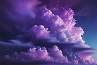 The primary subject of the image is a purple cloud with white and pink elements, creating a vibrant and colorful scene. The setting is a cloudy sky, and the visual style appears to be a combination of photo and digital art. The dominant colors are purple, white, and pink, creating a lively and cheerful atmosphere.