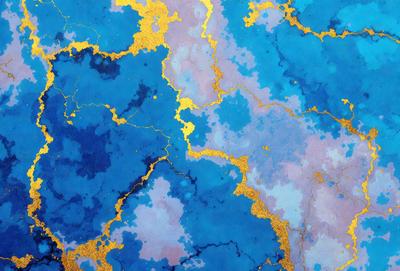 The primary subject of the image is a blue and gold painting or artwork. The setting is a blue background, and the visual style appears to be a combination of photo and digital art. The dominant colors are blue and gold, creating a vibrant and lively atmosphere.