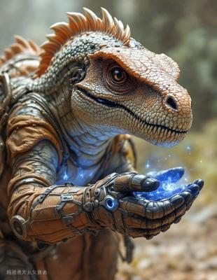 The primary subject of the image is a robotic dinosaur, which is a combination of a robot and a dinosaur. The robotic dinosaur is holding a blue light in its hand, creating a futuristic and unique scene. The setting is a dirt field, and the visual style is a digital artwork. The colors and mood of the image are predominantly dark, with the blue light providing a contrasting element.