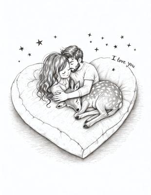 The primary subject of the image is a man and a woman lying down together, with the woman holding the man. They are both smiling and appear to be enjoying their time together. The setting is a bed, with a heart-shaped pillow on which the couple is lying. The visual style is a hand-drawn illustration, giving the image a warm and intimate atmosphere. The colors are predominantly shades of pink and brown, which are associated with love and affection.