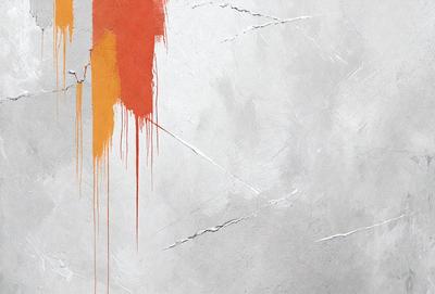 The primary subject of the image is a white wall with a few orange drips on it. The setting is a room with a concrete wall, and the visual style appears to be a combination of a photo and digital art. The dominant colors are white and orange, creating a mood of contrast and visual interest.