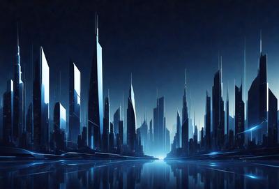 The primary subject of the image is a futuristic cityscape with tall buildings and a large body of water. The setting is a nighttime cityscape with a blue sky, and the visual style is a digital art or illustration. The dominant colors are blue and black, creating a moody and futuristic atmosphere.