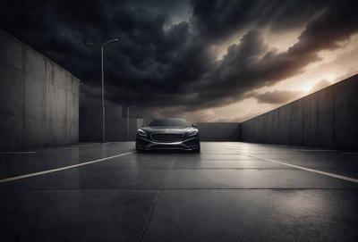 The primary subject of the image is a silver car parked in a parking lot. The car is positioned in the middle of the scene, and it appears to be the main focus of the image. The setting is a parking lot, and the visual style is a photo. The colors in the image are predominantly grays and blacks, creating a moody atmosphere.