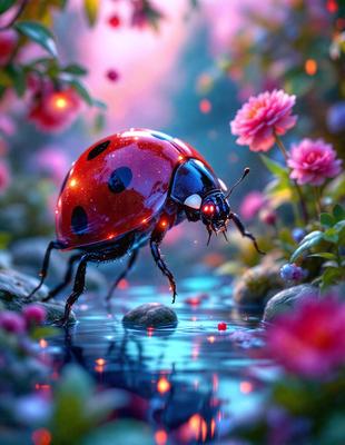 The primary subject of the image is a ladybug, which is the main object, scene, or focus of the image. The ladybug is walking across a body of water, which serves as the setting or background. The visual style of the image is digital art, as it is a computer-generated illustration. The colors and mood of the image are vibrant and lively, with the ladybug's red color and the surrounding flowers creating a cheerful atmosphere.