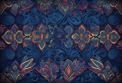 The primary subject of the image is a blue and yellow floral pattern. The setting is a blue and yellow background, which creates a vibrant and lively atmosphere. The visual style is a combination of digital art and illustration, with the floral pattern being intricately detailed and colorful. The dominant colors are blue and yellow, which create a sense of warmth and energy in the scene.