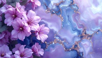 The primary subject of the image is a close-up of a bouquet of pink flowers. The flowers are arranged in a vase, and they are placed on a purple background. The visual style of the image is a combination of photo and digital art, creating a vibrant and colorful scene. The dominant colors in the image are pink and purple, giving the scene a warm and inviting atmosphere.