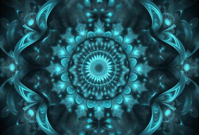 The primary subject of the image is a blue and white circular pattern, which appears to be a digital art or illustration. The setting is a dark blue background, creating a contrasting and visually striking scene. The visual style is a combination of digital art and illustration, with the blue and white circular pattern being the main focus. The colors and mood of the image are predominantly dark blue and white, giving it a calm and serene atmosphere.