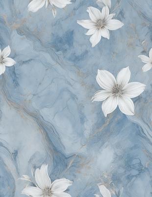 The primary subject of the image is a close-up of a white flower, which is the main focus of the image. The setting is a blue marble surface, which serves as the backdrop for the flower. The visual style of the image is a combination of photo and digital art, creating a realistic yet artistic representation of the flower. The dominant colors in the image are blue and white, giving the scene a calm and serene atmosphere.
