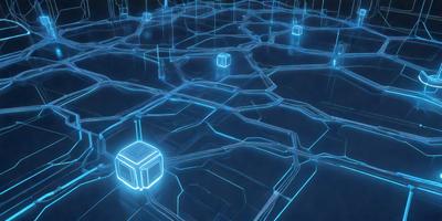 The primary subject of the image is a blue, digital artwork featuring a complex network of interconnected lines and shapes. The setting is a dark background, which contrasts with the bright blue lines and shapes. The visual style is a combination of digital art and illustration, creating a unique and intricate pattern. The colors and mood of the image are predominantly blue, giving it a calm and serene atmosphere.