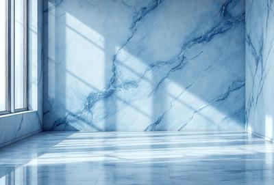 The primary subject of the image is a marble wall with a blue tint. The setting is a room with a blue marble floor. The visual style is a photo, and the colors and mood are predominantly blue, creating a calm and serene atmosphere.