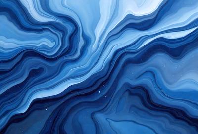 The primary subject of the image is a blue and white ocean scene with a starry background. The setting is a vast expanse of water, and the visual style is a painting or digital art. The dominant colors are blue and white, creating a serene and calming atmosphere.