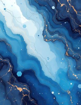 The primary subject of the image is a blue and gold painting featuring a swirling design. The setting is a blue and gold background, which complements the artwork. The visual style is a painting, showcasing the artist's skill in creating a vibrant and captivating piece. The colors and mood of the painting are predominantly blue and gold, creating a sense of depth and richness.