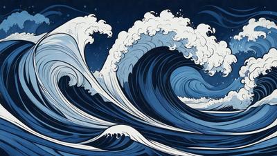 The primary subject of the image is a large wave in the ocean. The wave is blue and white, and it appears to be crashing onto the shore. The setting is the ocean, with the wave being the main focus of the image. The visual style is a combination of digital art and illustration, creating a dynamic and realistic representation of the wave. The dominant colors are blue and white, with the blue wave contrasting against the white ocean foam. The overall atmosphere of the image is one of power and beauty, as the wave