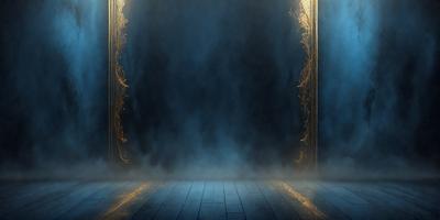 The primary subject of the image is a doorway with a blue background. The setting is a dark room, and the visual style appears to be a digital art or illustration. The dominant colors are blue and black, creating a moody atmosphere.