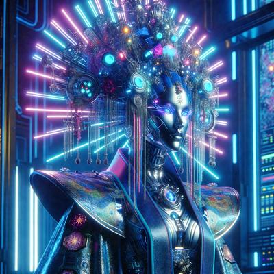 The primary subject of the image is a futuristic robotic character wearing a colorful, ornate headdress. The setting is a futuristic environment, possibly a space station or a futuristic city. The visual style is a combination of digital art and illustration, creating a vibrant and unique appearance. The colors and mood of the image are predominantly blue and purple, giving it a futuristic and otherworldly atmosphere.