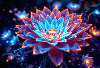 The primary subject of the image is a large, vibrant blue flower with a yellow center. The flower is surrounded by a dark, blue background, which adds to the overall mood of the image. The visual style of the image is a combination of photo and digital art, creating a unique and eye-catching display. The dominant colors in the image are blue and yellow, with the blue flower being the focal point of the scene.