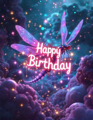 The primary subject of the image is a purple dragon with a birthday message. The dragon is flying through a purple and blue cloudy sky, which serves as the setting or background. The visual style of the image is digital art, as it appears to be a digital illustration or drawing. The dominant colors in the image are purple and blue, creating a festive and celebratory atmosphere.