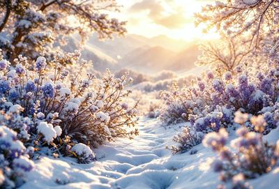 The primary subject of the image is a snow-covered path surrounded by a forest. The setting is a winter landscape with snow-covered bushes and trees. The visual style is a digital art or illustration, creating a serene and peaceful atmosphere. The dominant colors are white, purple, and blue, which contribute to the overall mood of the scene.
