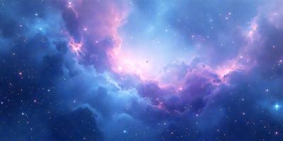 The primary subject of the image is a beautiful, colorful, and vibrant space scene. The setting is a deep, dark space with a backdrop of stars and nebulae. The visual style of the image is a combination of photo and digital art, creating a stunning and realistic representation of the cosmos. The colors and mood of the image are predominantly purple and blue, giving it a serene and peaceful atmosphere.