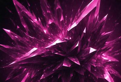 The primary subject of the image is a large, purple crystal structure. The setting is a dark, purple background, which contrasts with the bright, pink crystal. The visual style appears to be a combination of digital art and illustration, creating a unique and eye-catching design. The dominant colors in the image are purple and pink, giving the scene a vibrant and lively atmosphere.