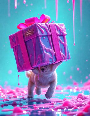 The primary subject of the image is a small dog with a pink box on its head. The dog is walking on a pink surface, which adds to the overall colorful and playful atmosphere of the scene. The visual style of the image is a combination of photo and digital art, creating a unique and eye-catching scene. The dominant colors in the image are pink and purple, which contribute to the overall cheerful and whimsical mood.