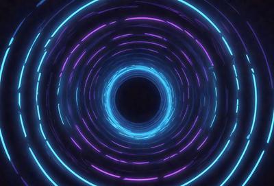 The primary subject of the image is a purple and blue circle, which appears to be a neon light or a part of a neon light. The setting is a dark background, which contrasts with the bright colors of the circle. The visual style is a close-up of the circle, emphasizing its vibrant colors. The overall atmosphere is one of energy and excitement, as the circle seems to be a part of a larger, illuminated structure.