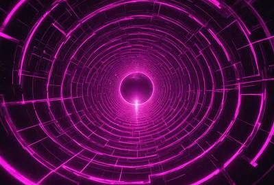 The primary subject of the image is a large, pink, circular tunnel. The tunnel appears to be a part of a larger structure, possibly a space station or a futuristic building. The setting is a dark, purple environment, which adds to the overall mood of the image. The visual style of the image is a combination of photo and digital art, creating a unique and intriguing scene.