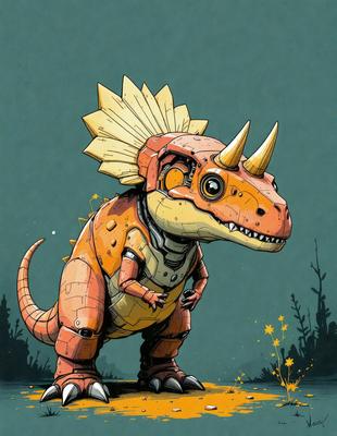 The primary subject of the image is a large, robotic dinosaur with a yellow head and a red body. The dinosaur is standing on a dirt ground, surrounded by a forest. The visual style of the image is a combination of digital art and illustration, giving it a unique and creative appearance. The colors and mood of the image are vibrant and lively, with the dinosaur's bright colors and the greenery of the forest creating a sense of energy and excitement.