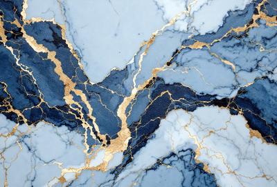 The primary subject of the image is a blue and gold marble tile. The setting is a bathroom, with the marble tile covering the walls and floor. The visual style is a close-up of the tile, showcasing its intricate design and patterns. The dominant colors are blue and gold, creating a luxurious and elegant atmosphere.