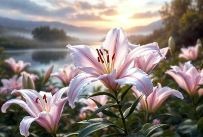The primary subject of the image is a beautiful bouquet of white flowers, including lilies, placed in a grassy area near a body of water. The setting is a serene, natural environment with a sunset in the background, creating a peaceful and calming atmosphere. The visual style of the image is a photo, capturing the stunning beauty of the flowers and their surroundings. The colors and mood of the image are predominantly warm and soothing, with the white flowers and the sunset creating a