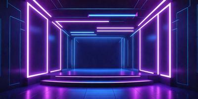 The primary subject of the image is a purple and blue neon-lit room. The setting is a dark room with a purple and blue neon glow, creating a unique and visually striking atmosphere. The visual style of the image is a digital art or illustration, as it features a futuristic and colorful design. The dominant colors in the image are purple and blue, which contribute to the overall mood of the scene.