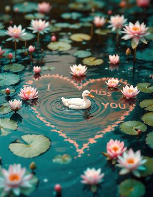 The primary subject of the image is a white duck floating on a body of water, surrounded by a variety of flowers. The setting is a pond with a heart-shaped message written in the water, indicating a loving gesture. The visual style is a combination of photo and digital art, creating a unique and artistic representation of the scene. The colors and mood are predominantly warm and inviting, with the white duck and flowers adding a sense of tranquility and beauty to the image.