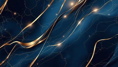 The primary subject of the image is a blue background with gold and yellow streaks. The setting appears to be a space or a futuristic environment. The visual style is a combination of digital art and illustration, creating a unique and captivating design. The dominant colors are blue, gold, and yellow, giving the image a sense of depth and a futuristic, otherworldly atmosphere.