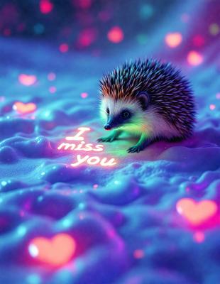 The primary subject of the image is a hedgehog, which is a small, spiky animal. The hedgehog is sitting on a snow-covered surface, which is the setting for the scene. The visual style of the image is digital art, as it features a hedgehog with a heart-shaped message on the snow. The colors and mood of the image are predominantly blue and cold, creating a sense of tranquility and serenity.