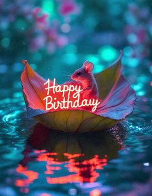 The primary subject of the image is a small mouse sitting in a boat-shaped flower. The setting is a pond, and the visual style is a digital art illustration. The colors are predominantly pink, and the overall atmosphere is happy and celebratory, as the mouse is surrounded by a birthday message.
