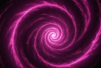 The primary subject of the image is a large, swirling, pink spiral. The setting is a dark background, which contrasts with the bright pink color of the spiral. The visual style appears to be a digital art or illustration, as the spiral is depicted in a detailed and intricate manner. The dominant colors are pink and purple, creating a vibrant and lively atmosphere.