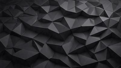 The primary subject of the image is a black wall with a pattern of geometric shapes, including triangles and diamonds. The setting is a dark room, and the visual style appears to be a combination of digital art and illustration. The dominant colors are black and grey, creating a moody atmosphere.