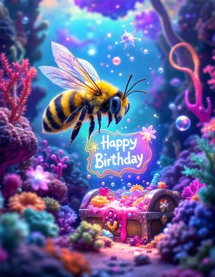 The primary subject of the image is a bee, which is flying over a colorful, underwater scene. The setting includes a variety of sea creatures, such as fish and coral, creating a vibrant and lively atmosphere. The visual style of the image is digital art, with the bee and the underwater environment being depicted in a detailed and artistic manner. The colors and mood of the image are predominantly bright and cheerful, with the bee and the sea creatures adding a sense of