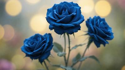 The primary subject of the image is a bouquet of three blue roses. The setting is a garden, with the roses placed on a bed of leaves. The visual style is a photo, capturing the beauty of the blue roses in their natural environment. The colors and mood of the image are predominantly blue, creating a serene and calming atmosphere.